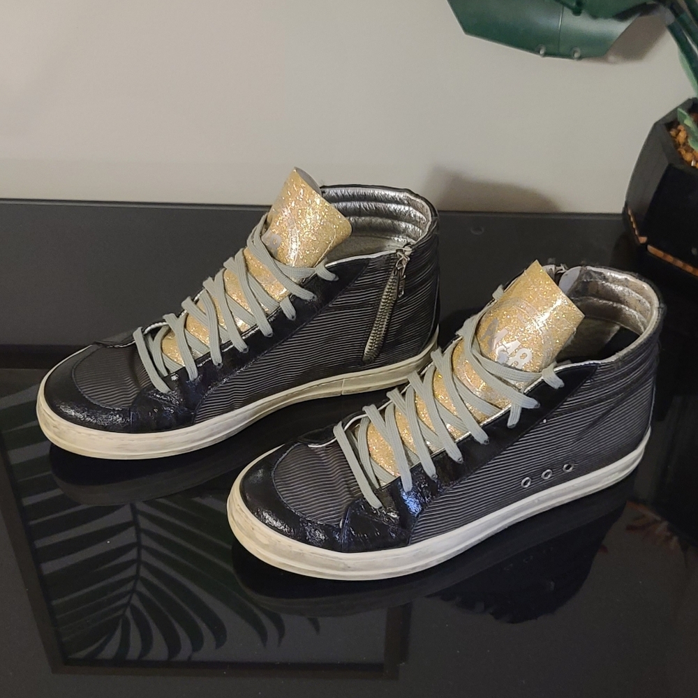 P448 Black And Gold Glitter Zip Up High Tops Size 39